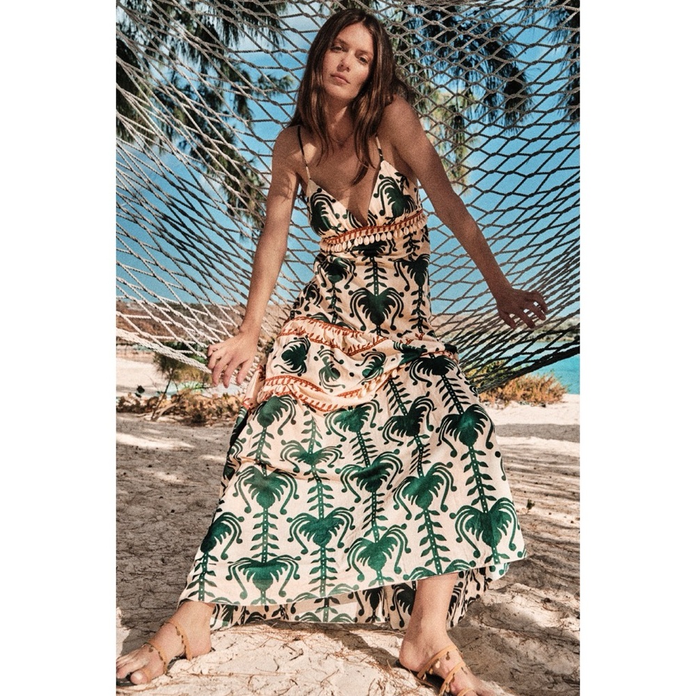 NEW Johanna Ortiz Keeper Maxi Dress (Sz 2) Shell Trim Cotton Poplin Ecru Green - Picture 5 of 16